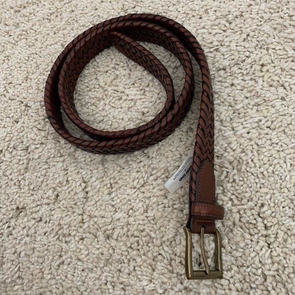Lands’ End Leather Braided Belt Mens Sz 42 Brown Brass Buckle Adjustable